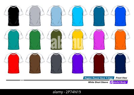 Vorlage für Raglan-T-Shirt mit Rundhalsausschnitt, Vorderansicht, weiße Kurzärmel, farbenfroher Body. Vektordarstellung Stock Vektor