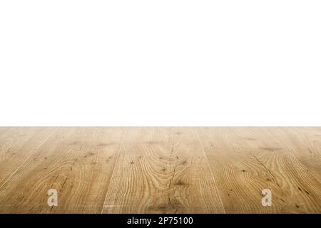 Holzplanken als Tisch oder Schreibtisch, isoliert auf weißem Hintergrund. Stockfoto