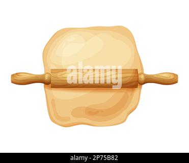Holzwalzstift mit frischem Rohteig zum Backen. Cartoon hausgemachtes leckeres Brot. Mehl in Schüssel oder Beutel, Bio-Produkt. Vektordarstellung isoliert Stock Vektor