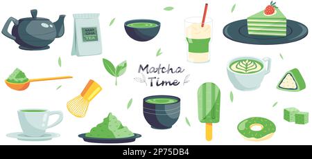 Matcha-Tee. Traditionelles asiatisches Blattgetränk, Mochi Bio natürliche Kräuterzutaten für Teezeremonie Cartoon flacher Stil. Vektor isoliertes Set Stock Vektor