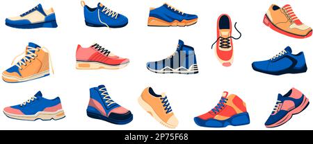 Sneaker für Herren. Mode bequeme Schuhe für Herren, ein Paar Sportschuhe und Fitnessschuhe, trendige Freizeit Sportbekleidung flacher Stil. Vektor-Cartoon-Set Stock Vektor