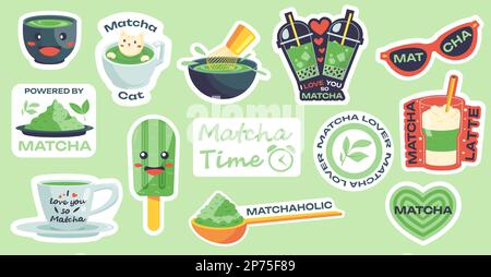 Cartoon Kawaii Matcha. Lustige Figuren aus grünem Tee, süße Aufkleber mit Gesichtern, traditionelle asiatische Getränke, Entgiftung. Vektorflachsatz Stock Vektor