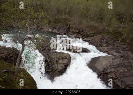 Bredeksfossen oder Stormselva Cascade in Stormdalen im Nationalpark Saltfjellet-Svartisen in der Provinz Nordland in Norwegen. Stockfoto