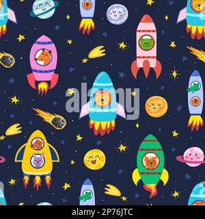 Süße Tiere, die mit Raketen fliegen. Hintergrund für Kinder mit lustigen Figuren Stock Vektor