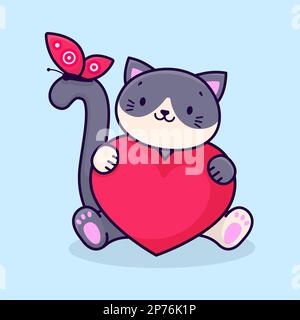 Eine süße graue Katz hält ein rosa Herz in den Pfoten. Katze und Schmetterling. Vektordarstellung. Stock Vektor