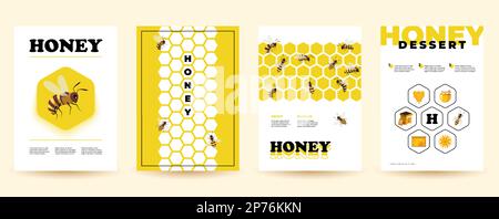 Honigflieger. Cartoon-Poster mit Bienenwaben-Bienenstock, natürliche Bienenzuchtprodukte für das Branding. Vektorsatz Stock Vektor