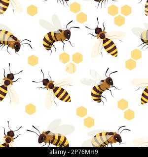 Honigbienenmuster. Nahtloses Muster mit gestreiften Flügeln und niedlichen Imkerei-Elementen zum Einwickeln von Dekorationsmaterial. Vektortextur Stock Vektor