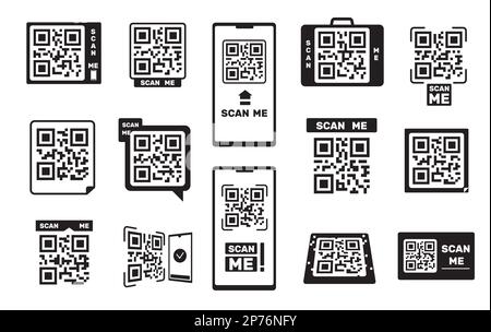 QR-Codes. Barcode-Smartphone-id-Rahmen, Scannen binärer Codierungs-Tags für Einzelhandels- oder Mobiltelefon-App, mobile Bezahlung und Identitätskonzept. Vektorsatz Stock Vektor