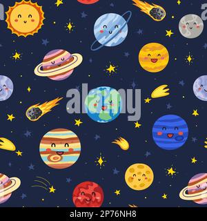 Nahtloses Muster mit niedlichen Planetenfiguren. Erde, Jupiter, Saturn, Venus Stock Vektor