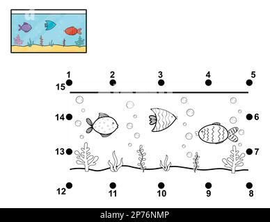 Verbinden Sie die Punkte, und zeichnen Sie eine Aquariumsaktivität. Punkt-zu-Punkt-Spiel für Kinder Stock Vektor
