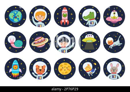Sticker Kollektion mit niedlichen Figuren aus dem Weltraum. Weltraumabzeichen mit Kindern, Astronauten, Tieren Stock Vektor