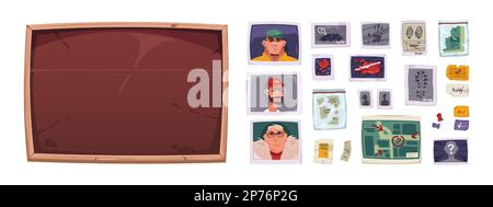 Detektivelemente. Polizeiliche Wandtafel mit Bild des Verdächtigen und Beweismaterial, Kriminalermittlungsplan mit Notizen. Vektor-Cartoon-Set Stock Vektor