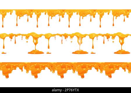 Honigtropfmuster. Nahtloses Drucken mit süßem Nektar im Gießen der Biene und schmelzenden Siruptropfen zum Einwickeln von Tapetengewebe. Vektortextur Stock Vektor
