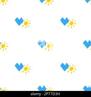 Nahtloses Muster mit Symbol Herz und Sonne Illustration in blauer gelber Farbe auf weißem Hintergrund Stock Vektor