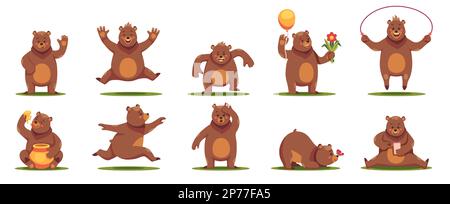 Cartoon-Bär. Süße, freundliche Tiere in verschiedenen Positionen und Situationen, flauschige Grizzly Maskottchen, lustige niedliche Zoofiguren. Vektor Stock Vektor