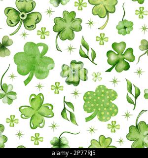 Aquarell St. Patrick nahtloses Muster mit Klee, Regenbogen. Münzen, Shamrock. Irisch. Keltisch. St. Patrick's Day. Stockfoto