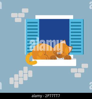 Die Katze schläft draußen auf dem Fensterbrett Stock Vektor