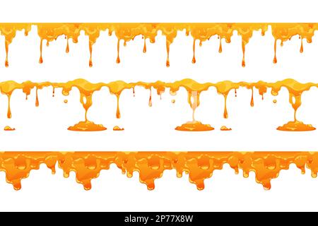 Honigtropfmuster. Nahtloses Drucken mit süßem Nektar im Gießen der Biene und schmelzenden Siruptropfen zum Einwickeln von Tapetengewebe. Vektortextur Stock Vektor