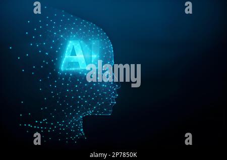 Eine Illustration, die das Konzept der künstlichen Intelligenz, des digitalen Gehirns der künstlichen Intelligenz, der Robotik und eines menschlichen Gesichts aus Polygonen darstellt. Stockfoto