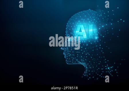 Eine Illustration, die das Konzept der künstlichen Intelligenz, des digitalen Gehirns der künstlichen Intelligenz, der Robotik und eines menschlichen Gesichts aus Polygonen darstellt. Stockfoto