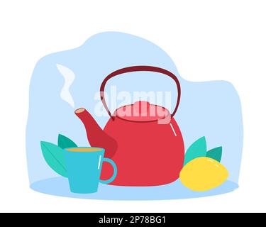 Tee in einer Tasse mit Teekanne und Zitrone Stock Vektor