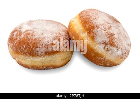Deutsche Krapfen, Donuts mit Puderzucker, frittiert für Karneval, in Italien Bombolon genannt, isoliert auf weißem, Schneideweg Stockfoto