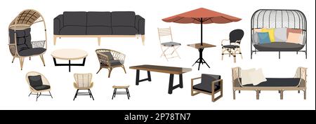 Garten im Freien, Möbelvektorset im Veranda-Bereich. Stock Vektor