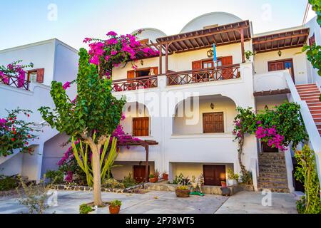 Hübsches traditionelles Haus mit wunderschönen blühenden Sträuchern vor dem Dorf Kamari, Santorini Insel Griechenland... Santorini ist eine ägäische Inselgruppe Stockfoto