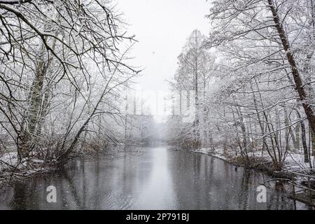 Oberhausen, Deutschland. 08. März 2023. Das Winterwetter trifft Teile Westeuropas und bringt Schnee und Störungen mit sich. Weitere Störungen werden durch anhaltende Streikaktionen der kommunalen Dienste verursacht. Kredit: Ant Palmer/Alamy Live News Stockfoto