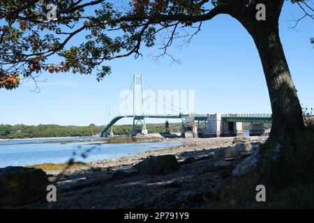 10 04 2022, Deer Isle, Maine, USA: Blick auf die von einem Baum umrahmte Hirschinsel-Brücke Stockfoto