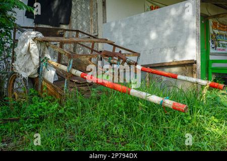 Ein alter rostiger Eisenwagen mit Platten Reifen auf dem Boden, überwuchert mit wildem Gras Stockfoto