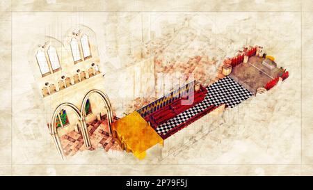 Westminster Abbey, 3D. Abschnitt, Kirchenkarte und Hauptpunkte. Krönung des neuen Königs. Nach London. England. Architektur und Innenausstattung Stockfoto