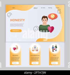 Flache Landing-Page-Website-Vorlage für Ehrlichkeit. Mut, Zusammenarbeit, Vertrauen. Webbanner mit Header, Content und Footer. Vektordarstellung. Stock Vektor