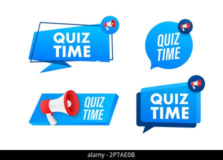 Megafon-Beschriftungsset mit Text Quiz-Zeit. Megafon-in-Hand-Werbebanner. Marketing und Werbung Stock Vektor