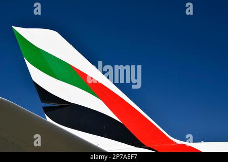 Emirates Airlines, Airbus A380-800 Tailplane, Ruder, München Airport, Oberbayern, Bayern, Deutschland Stockfoto