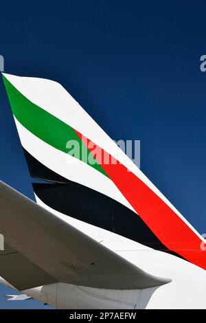 Emirates Airlines, Airbus A380-800 Tailplane, Ruder, München Airport, Oberbayern, Bayern, Deutschland Stockfoto