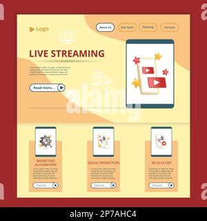 Vorlage für flache Landing-Page-Website für Live-Streaming. Marktautomatisierung, Werbung in sozialen Medien, Werbeblocker. Webbanner mit Header, Content und Footer. Vektor Stock Vektor