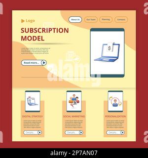 Vorlage für flache Landing-Page-Website für Abonnementmodell. Digitale Strategie, Social Marketing, Personalisierung. Webbanner mit Header, Content und Footer Stock Vektor