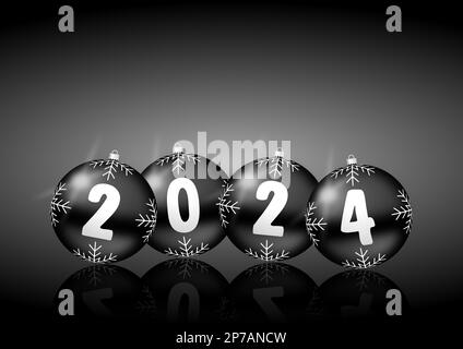 Abbildung Neujahr 2024 mit Weihnachtskugeln auf schwarzem Hintergrund. Grußkarte mit leerem Kopierbereich für Ihren Text Stockfoto