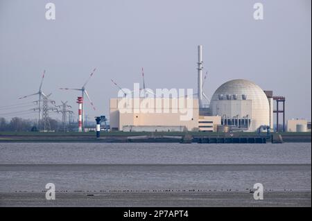 Das stillgelegte Kernkraftwerk Brokdorf an der Elbe, Brokdorf, Schleswig-Holstein, Deutschland Stockfoto