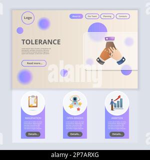 Websitevorlage für flache Landing-Page für Toleranz. Vorstellungskraft, aufgeschlossen, Ehrgeiz. Webbanner mit Header, Content und Footer. Vektordarstellung. Stock Vektor