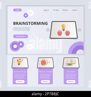Brainstorming – Vorlage für Landing-Page-Website Kreativer Prozess, kreatives Denken, offenes Buch. Webbanner mit Header, Content und Footer. Vektor Stock Vektor