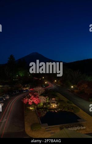 Blick auf den Berg Fuji bei Nacht vom Fuji View Hotel, Kawaguchiko, Japan Stockfoto