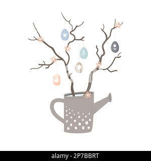 Osterblütenkomposition. Dekorative Gießkanne mit Frühlingszweigen, dekoriert mit bemalten Eiern und Blumen. Heimwerker-Dekorationsidee, Vektordarstellung Stock Vektor