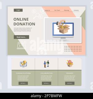 Websitevorlage für die flache Online-Spendenseite. Finanzierungsplattform, Zusammenarbeit, Prämien. Webbanner mit Header, Content und Footer. Vektor Stock Vektor