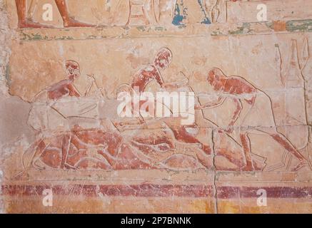 Ägypten, Sakkara, Grab von Horemheb, Innenraum, Südwand. Metzger. Stockfoto