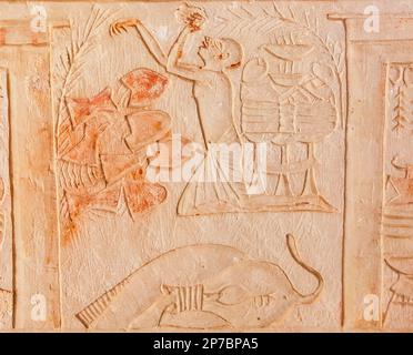 Ägypten, Sakkara, Grab von Horemheb, Nordwand des Innenhof, Bestattungsriten : die roten Töpfe brechen. Stockfoto