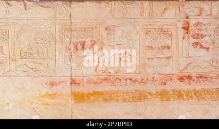 Ägypten, Sakkara, Grab von Horemheb, Nordwand des Innenhof, Bestattungsriten : Kioske, Vasen, Palmen und Stiere. Stockfoto