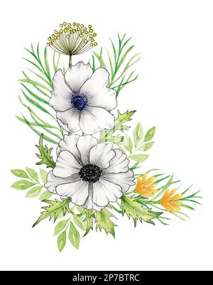 Aquarell Bouquet mit Blumen Anemonen und gelben Blumen. Weiße sanfte Anemonen. Anordnung der Blumen. Design für Postkarten und Hochzeiten Stockfoto