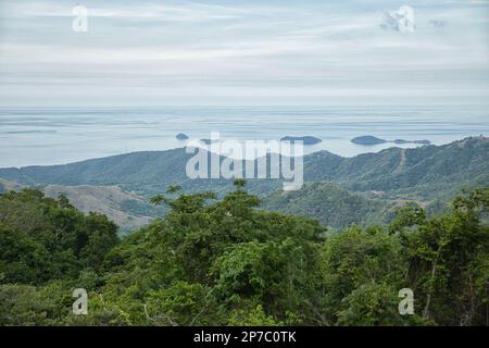 Panoramaaufnahme einer grünen Landschaft auf Flores, in den Vordergrundbäumen, im Hintergrund, im Regenwald im Tal und im Meer. Stockfoto